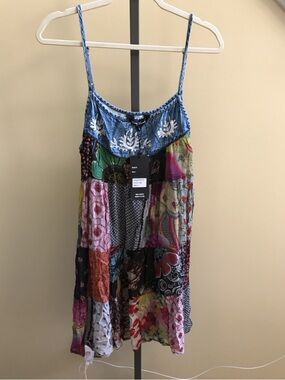 YOUNG THREADS NWT Dress Spaghetti Strap Adj Denim Printed Embroidered Size Large